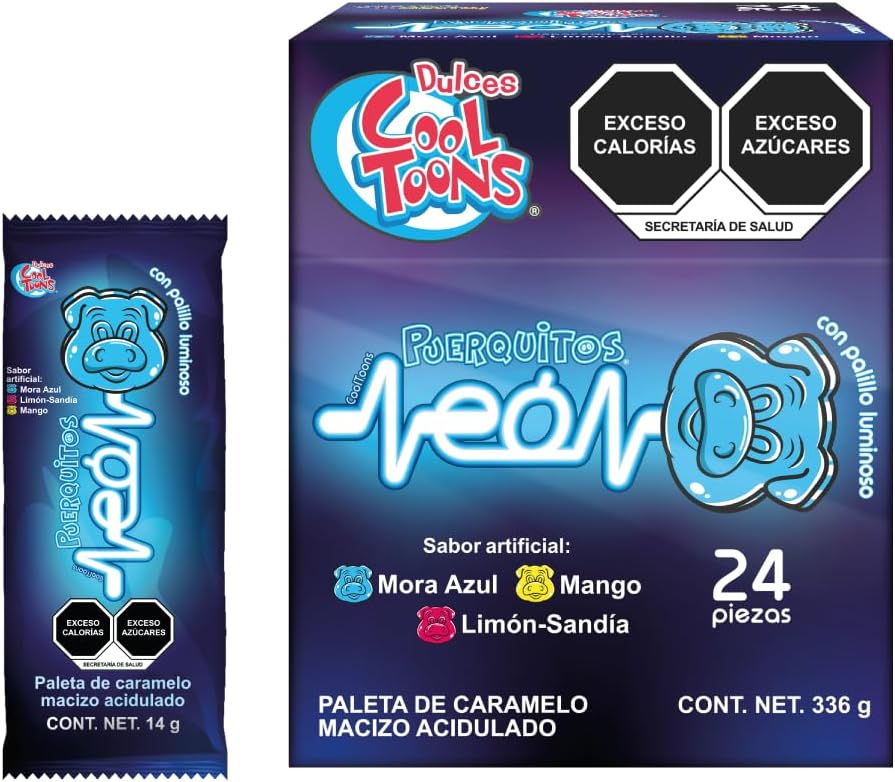 Dulces Cool Toons - Puerquitos Neón. Paquete 2 cajas (24 Paletas 14 g c/caja). Paleta de Caramelo Macizo con forma de puerquito y palillo luminoso que brilla en la oscuridad. Glow Stick.