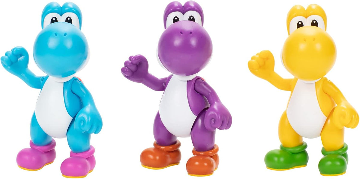 Nintendo Juego de 3 Cifras de acción de 10 cm, auténticas Cifras de Super Mario, Incluye Yoshi Amarillo, Yoshi Morado y Yoshi Azul Claro