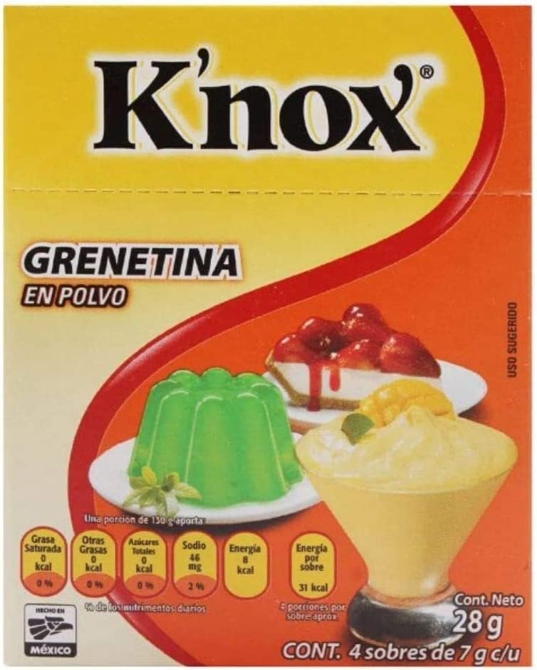 Knox Grenetina para Gelatina en Polvo Natural sin Sabor 2 Pack - Cada Caja Contiene 4 Sobres Individuales de 7gr