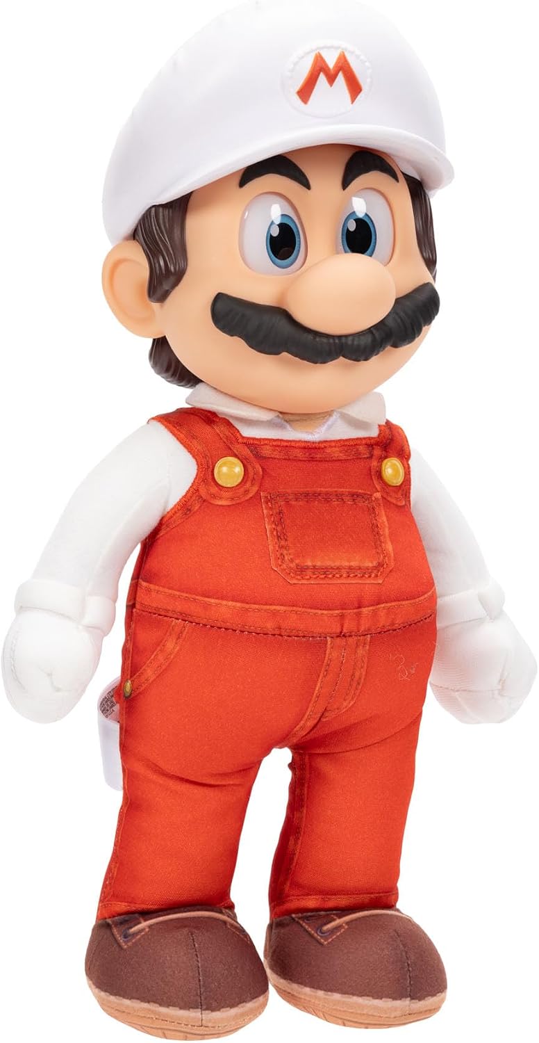 Jakks Pacific Super Mario Galaxy Movie Peluche Fire Mario Articulable 14 Pulgadas con Ojos Acrílicos, Edición Coleccionable, +3 Años