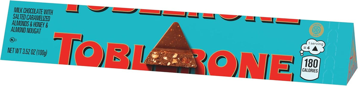 Toblerone Chocolate con Leche Suiza con Almendras Caramelizadas Saladas y Turrón de Miel y 3.52 Oz