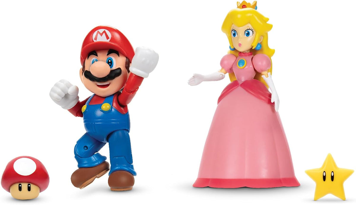 Jakks Pacific Set de Figuras Super Mario Bros, Mario y Princesa Peach 4", 2 Figuras con Accesorios