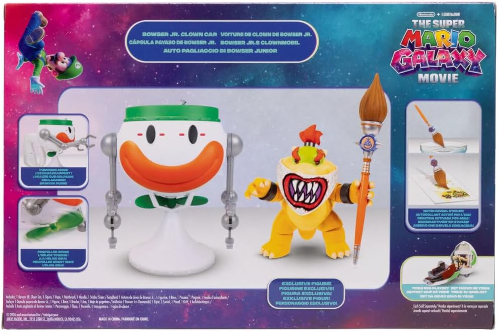 Jakks Pacific Super Mario Galaxy Movie Figura Bowser Jr. 5 Pulgadas con Clown Car, Máscara Exclusiva, Brazos de Golpe Activados por Botón, Stickers Revelables con Agua y Accesorios, +3 Años