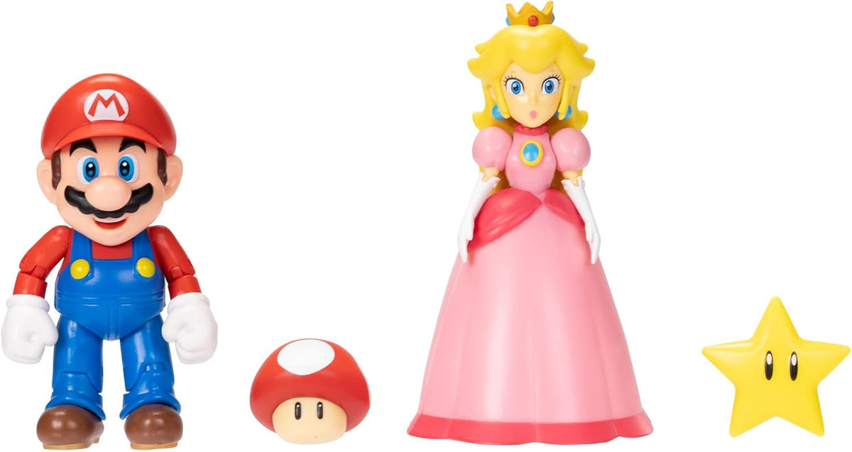 Jakks Pacific Set de Figuras Super Mario Bros, Mario y Princesa Peach 4", 2 Figuras con Accesorios