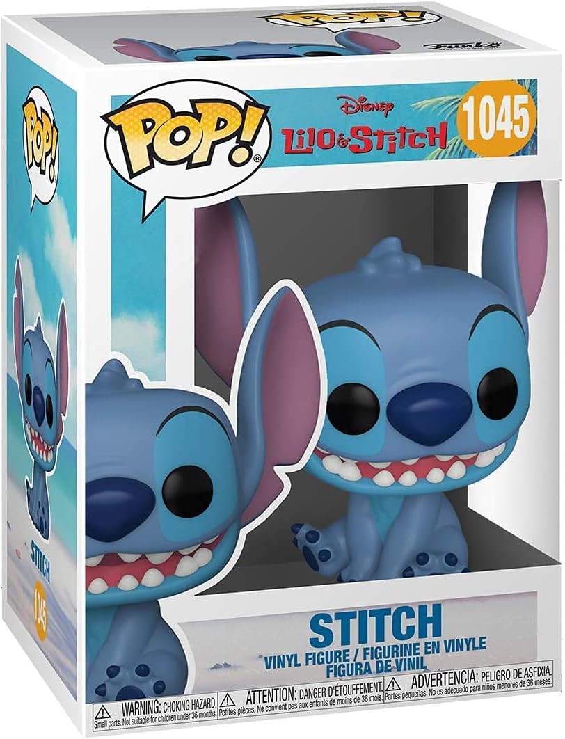Funko Disney: Lilo & Stitch - Figura de vinilo con diseño de puntada sentada sonriente (incluida con funda protectora de caja emergente)