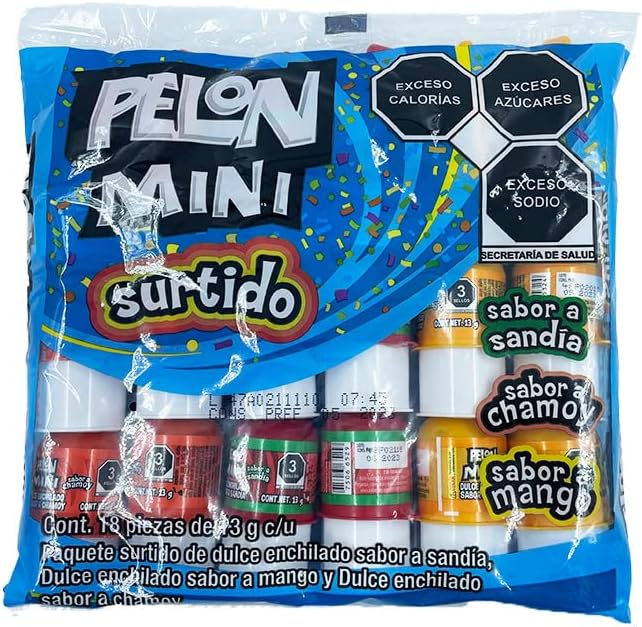 Farvisan Pelon Pelo Rico MINI Surtido, Paquete con 18 piezas, Sabores Sandia,Chamoy,Mango, 13 g C/U,Dulce Hecho en México.