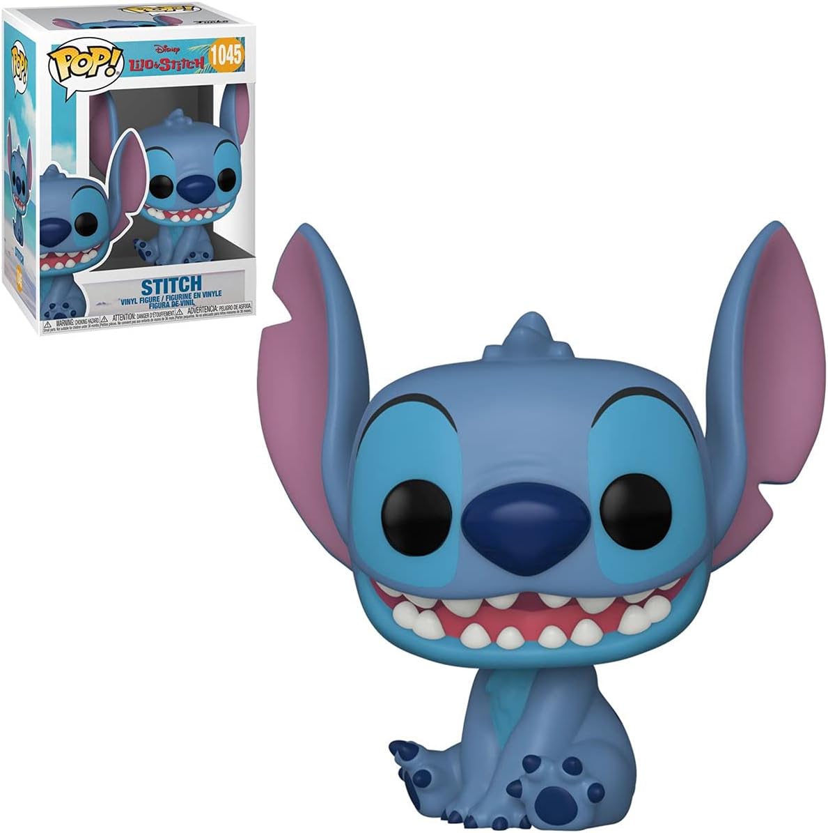 Funko Disney: Lilo & Stitch - Figura de vinilo con diseño de puntada sentada sonriente (incluida con funda protectora de caja emergente)