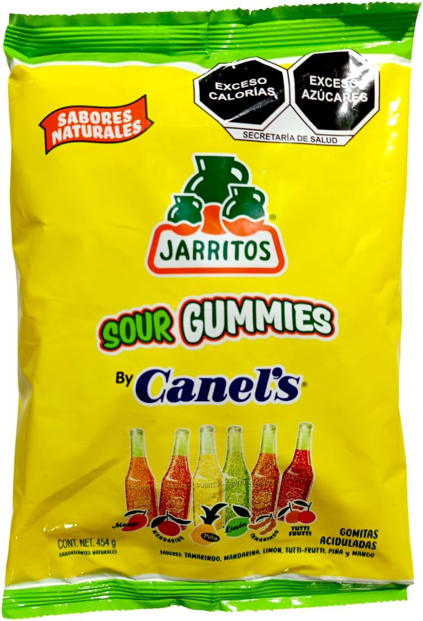 Canel´s Jarritos Gomitas Azucaradas, Aciduladas Sabores Tamarindo, Mandarina, Limón, Tutti - Frutti, Piña y Mango cont. Neto bolsa de 454gr