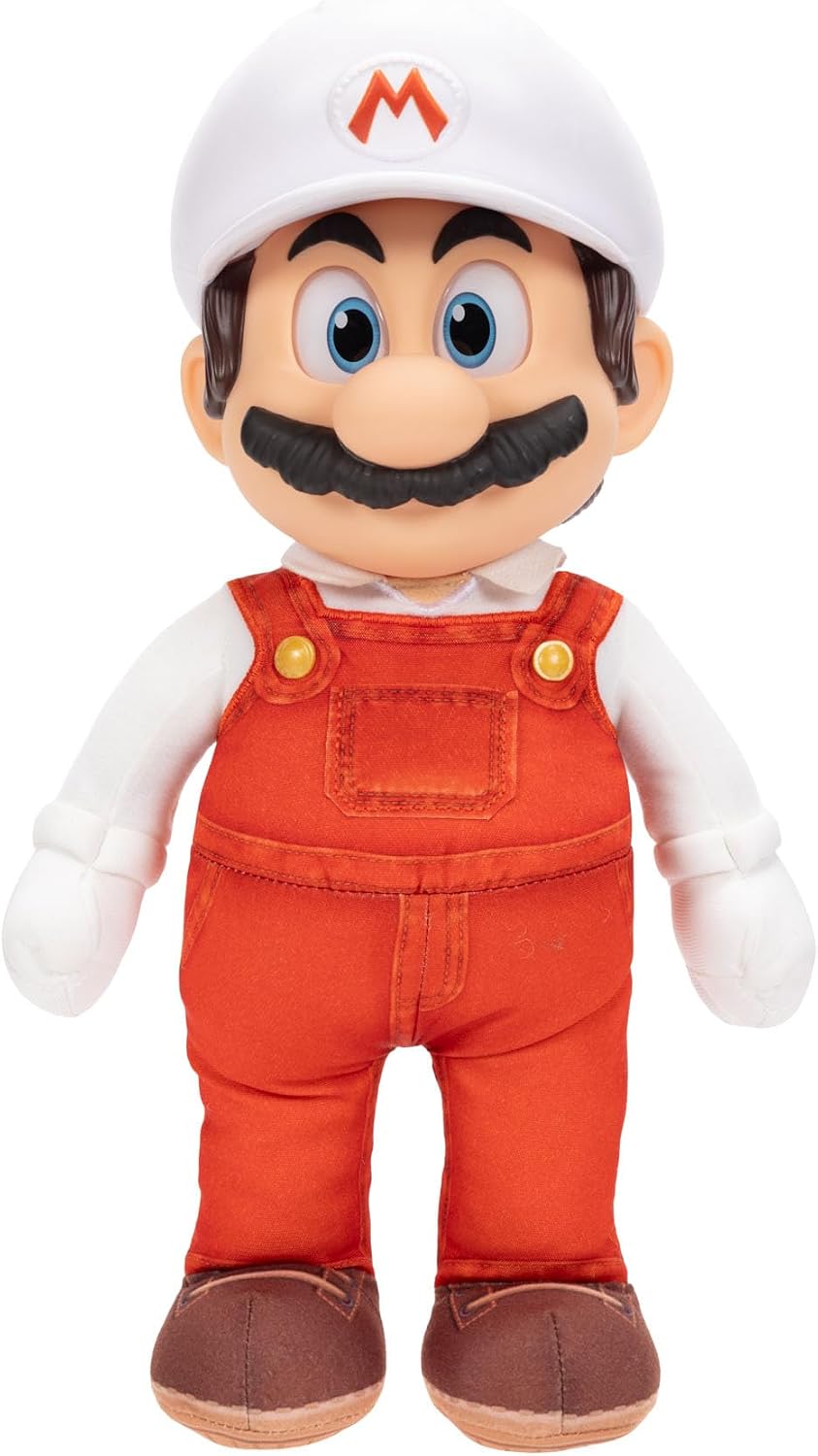 Jakks Pacific Super Mario Galaxy Movie Peluche Fire Mario Articulable 14 Pulgadas con Ojos Acrílicos, Edición Coleccionable, +3 Años