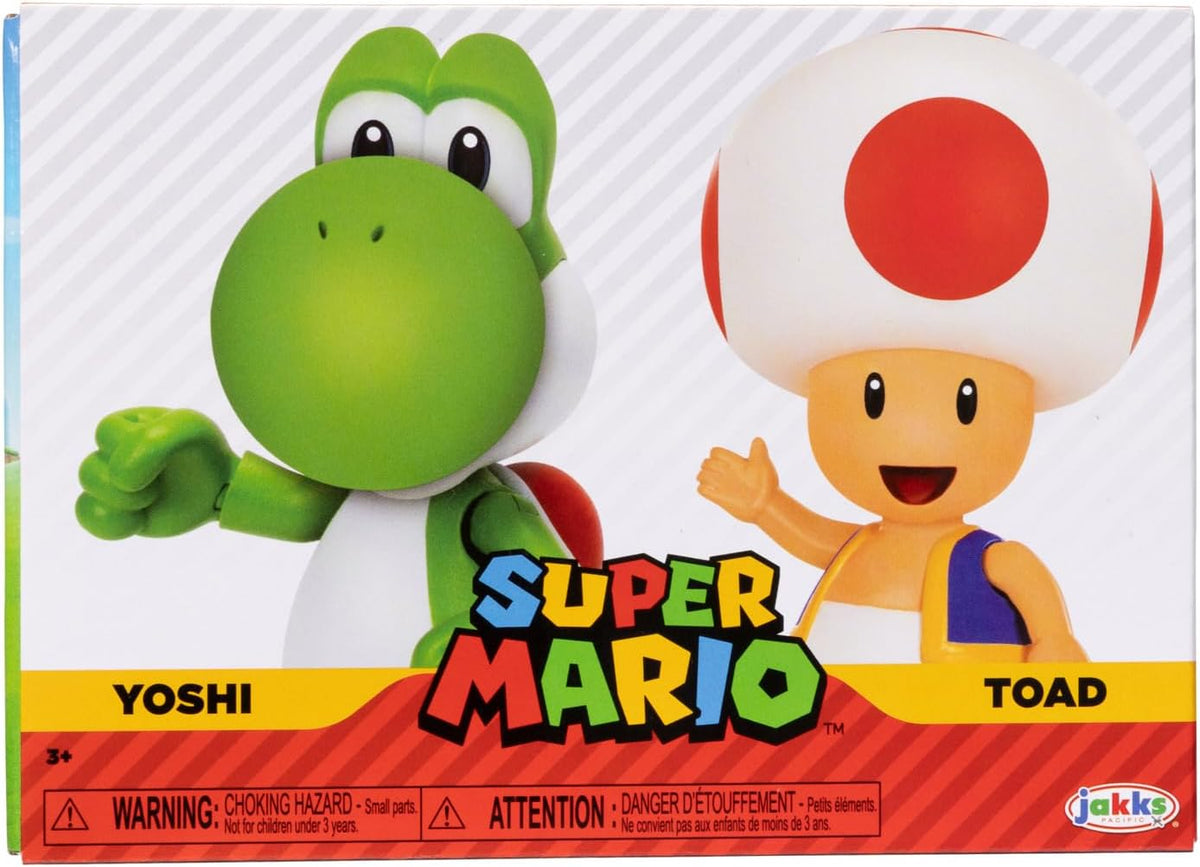 Jakks Pacific Set de Figuras Super Mario Bros, Yoshi y Toad 4", 2 Figuras con Accesorios