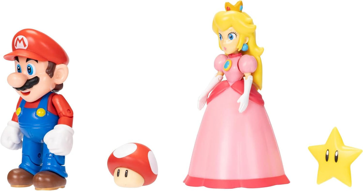 Jakks Pacific Set de Figuras Super Mario Bros, Mario y Princesa Peach 4", 2 Figuras con Accesorios