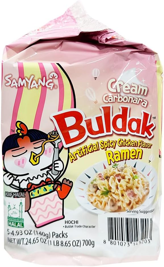 Samyang Fideos Ramen con Sabor a Pollo Picante Buldak, Paquete Instantáneo de Salteados Coreanos, Crema Carbon 4,93 Onzas (paquete de 5)