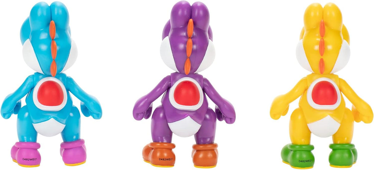 Nintendo Juego de 3 Cifras de acción de 10 cm, auténticas Cifras de Super Mario, Incluye Yoshi Amarillo, Yoshi Morado y Yoshi Azul Claro