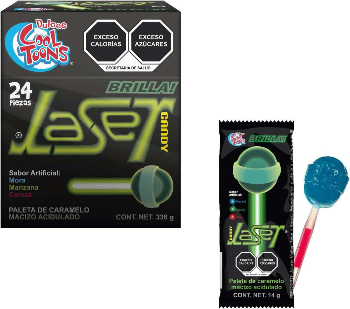 Dulces Cool Toons - Paleta Laser de Caramelo Macizo con palillo neón luminoso que brilla en la oscuridad, sabores Mora Azul, Cereza y Manzana Verde. Paquete 2 cajas (24 Paletas 14grs - c/caja).