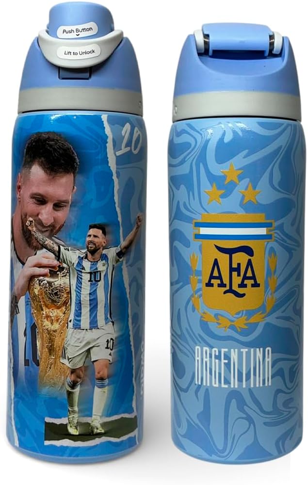 Generico TOP PREMIUM Botella de Agua Deportiva Argentina AFA, Diseño Conmemorativo Copa del Mundo, LM10, Azul con Estrellas, Termo edicion limitada, coleccionable