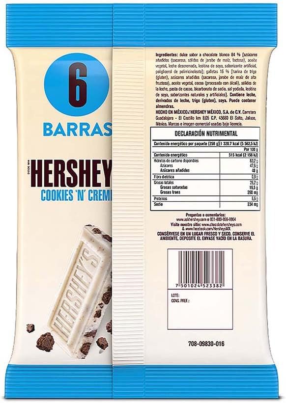 HERSHEY´S - Barras Cookies 'N' Cream, Especial,Chocolate con Leche, Tableta de Dulce sabor Chocolate, Especial para Regalo, Pack 6, 6x43 g