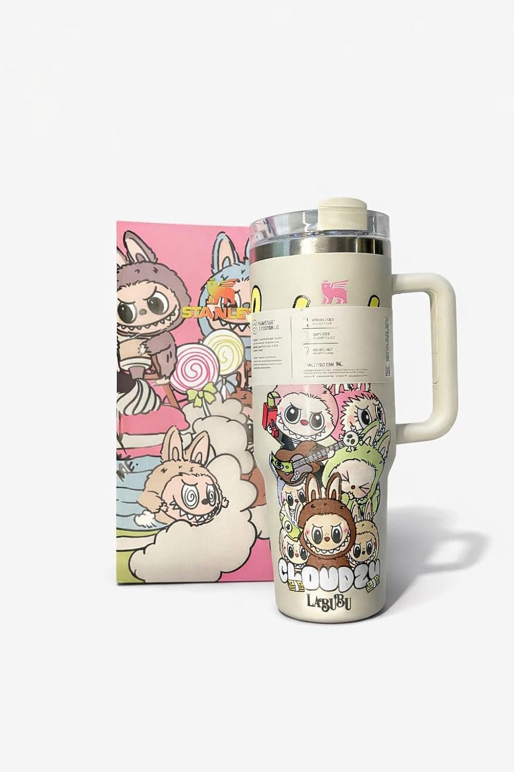 Generico Termo de Agua con Asa, 40 oz, 1.18 L, Color Crema con Diseño de Criaturas de Fantasia, Edicion Especial
