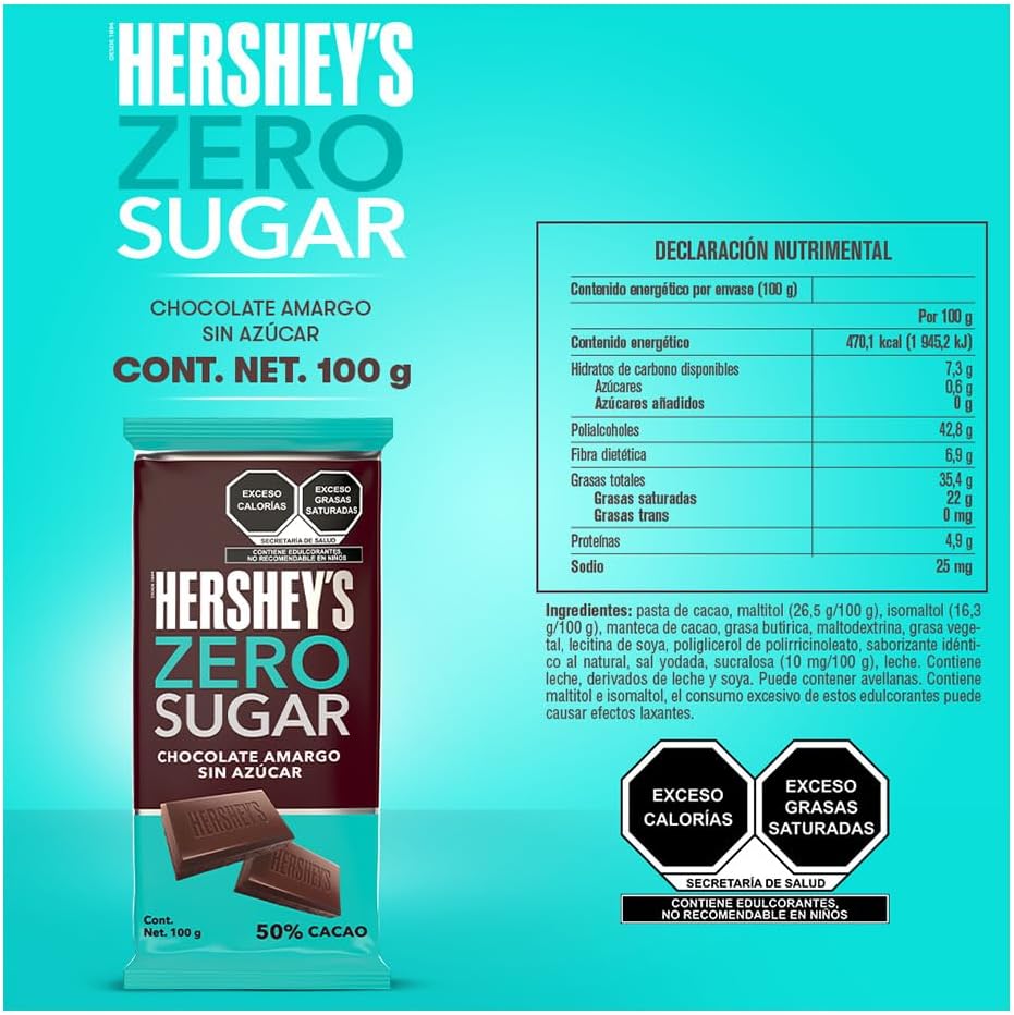 HERSHEY´S – Zero Sugar, Barra de Chocolate Sin Azúcar 100 g, Chocolate Oscuro Premium, Endulzado Sin Azúcar Añadida, Ideal para Regalo, Snack Saludable, Opción Baja en Azúcar y Sin Culpa