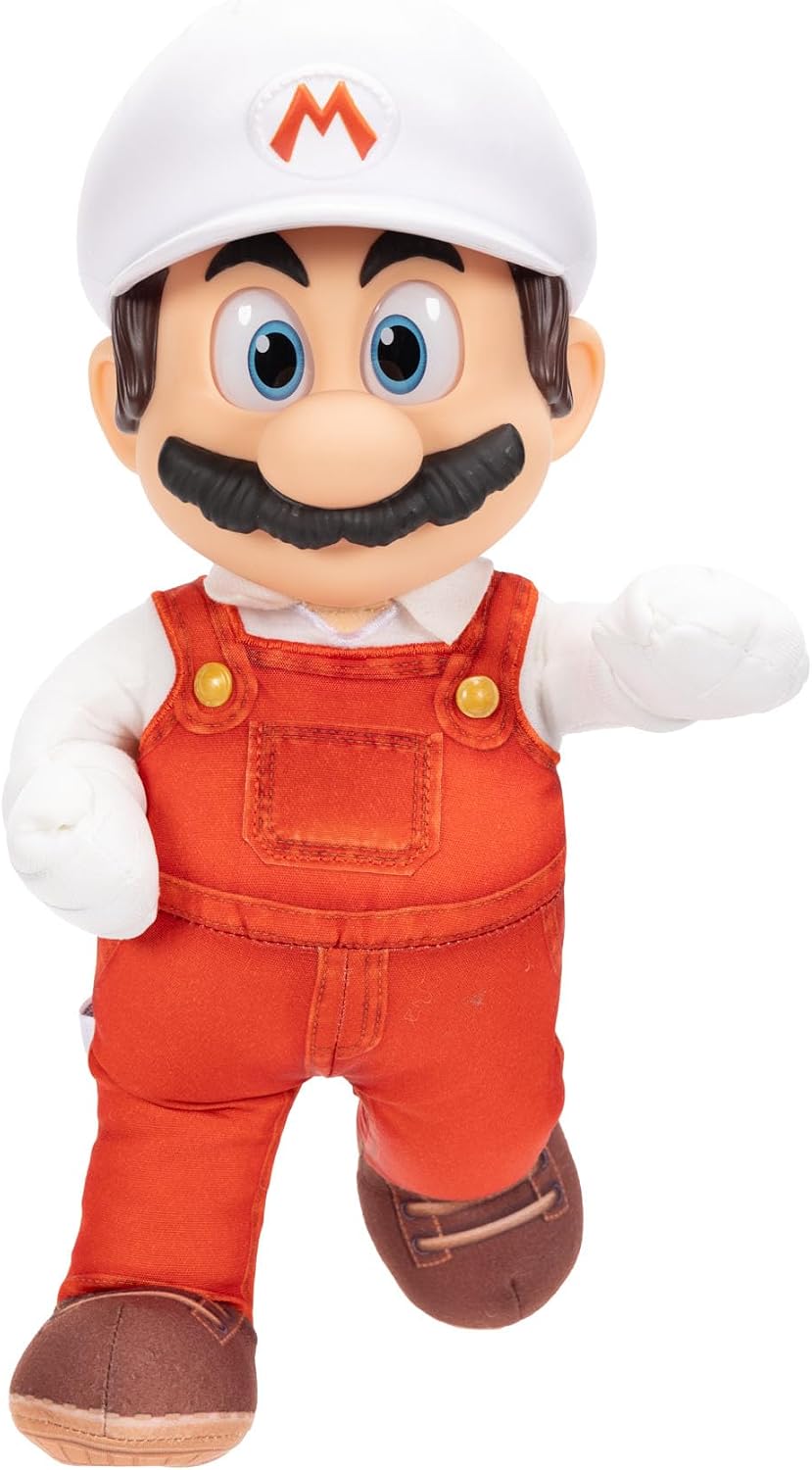 Jakks Pacific Super Mario Galaxy Movie Peluche Fire Mario Articulable 14 Pulgadas con Ojos Acrílicos, Edición Coleccionable, +3 Años