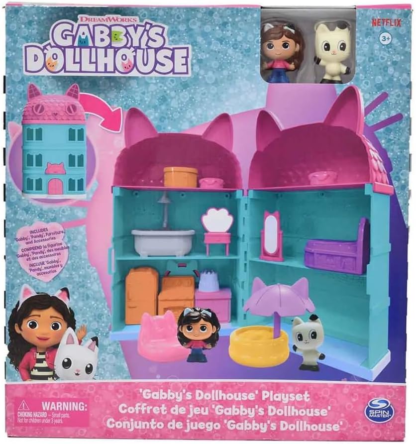 Spin Master DreamWorks Gabby's Dollhouse, Casa de Muñecas con Figuras y Accesorios, Set de Juego de Netflix, Casa con Diseño de Gato en Turquesa y Rosa