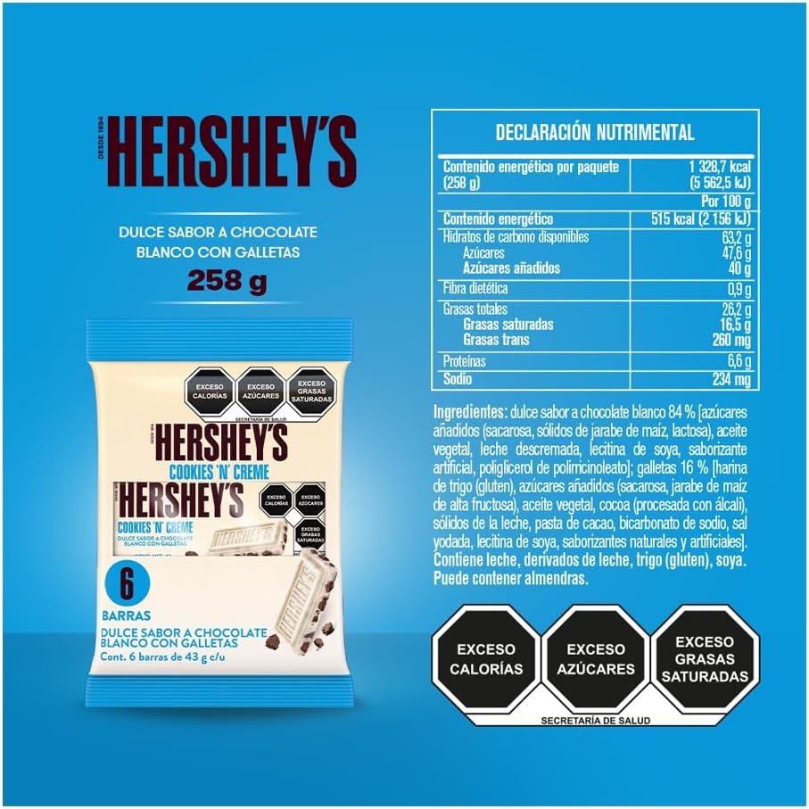 HERSHEY´S - Barras Cookies 'N' Cream, Especial,Chocolate con Leche, Tableta de Dulce sabor Chocolate, Especial para Regalo, Pack 6, 6x43 g