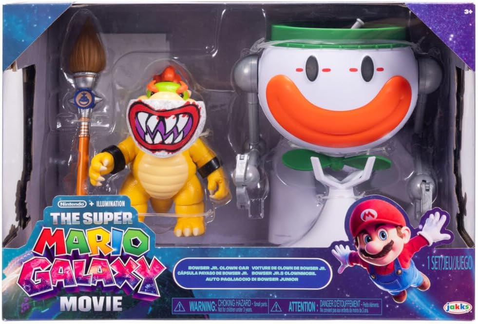 Jakks Pacific Super Mario Galaxy Movie Figura Bowser Jr. 5 Pulgadas con Clown Car, Máscara Exclusiva, Brazos de Golpe Activados por Botón, Stickers Revelables con Agua y Accesorios, +3 Años