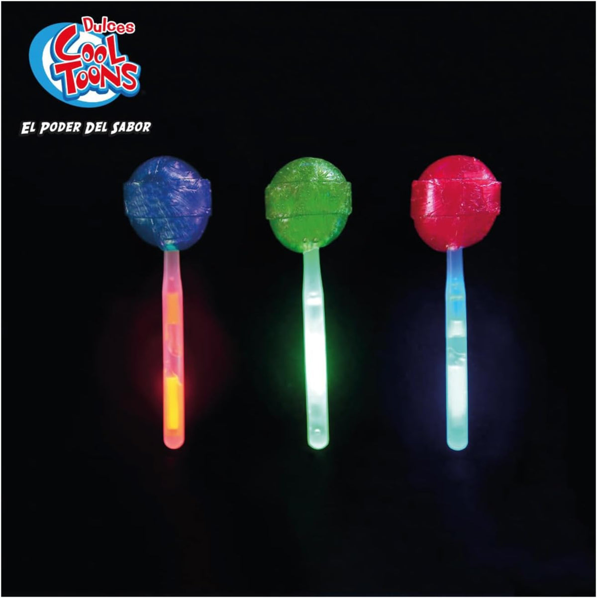 Dulces Cool Toons - Paleta Laser de Caramelo Macizo con palillo neón luminoso que brilla en la oscuridad, sabores Mora Azul, Cereza y Manzana Verde. Paquete 2 cajas (24 Paletas 14grs - c/caja).