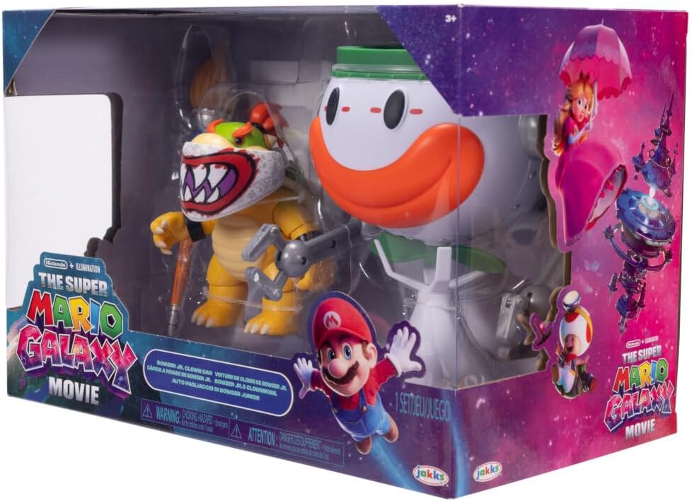 Jakks Pacific Super Mario Galaxy Movie Figura Bowser Jr. 5 Pulgadas con Clown Car, Máscara Exclusiva, Brazos de Golpe Activados por Botón, Stickers Revelables con Agua y Accesorios, +3 Años