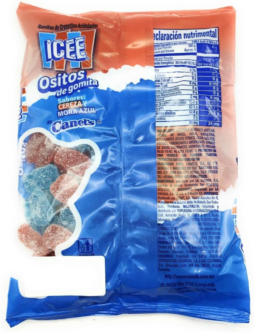 Canel's Ositos de Gomita Azucarados ICEE. Gomitas de Grenetina Aciduladas, Sabores: Mora Azul y Cereza. Bolsa de 454 gramos