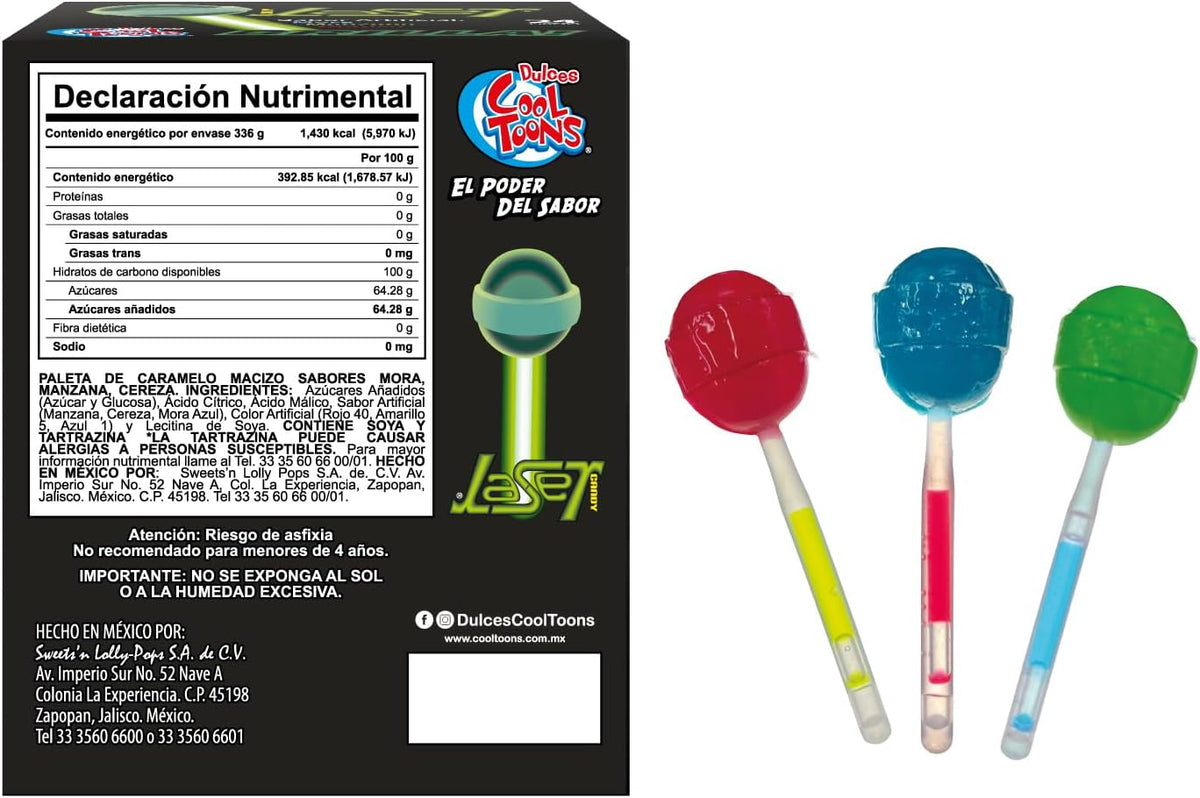 Dulces Cool Toons - Paleta Laser de Caramelo Macizo con palillo neón luminoso que brilla en la oscuridad, sabores Mora Azul, Cereza y Manzana Verde. Paquete 2 cajas (24 Paletas 14grs - c/caja).