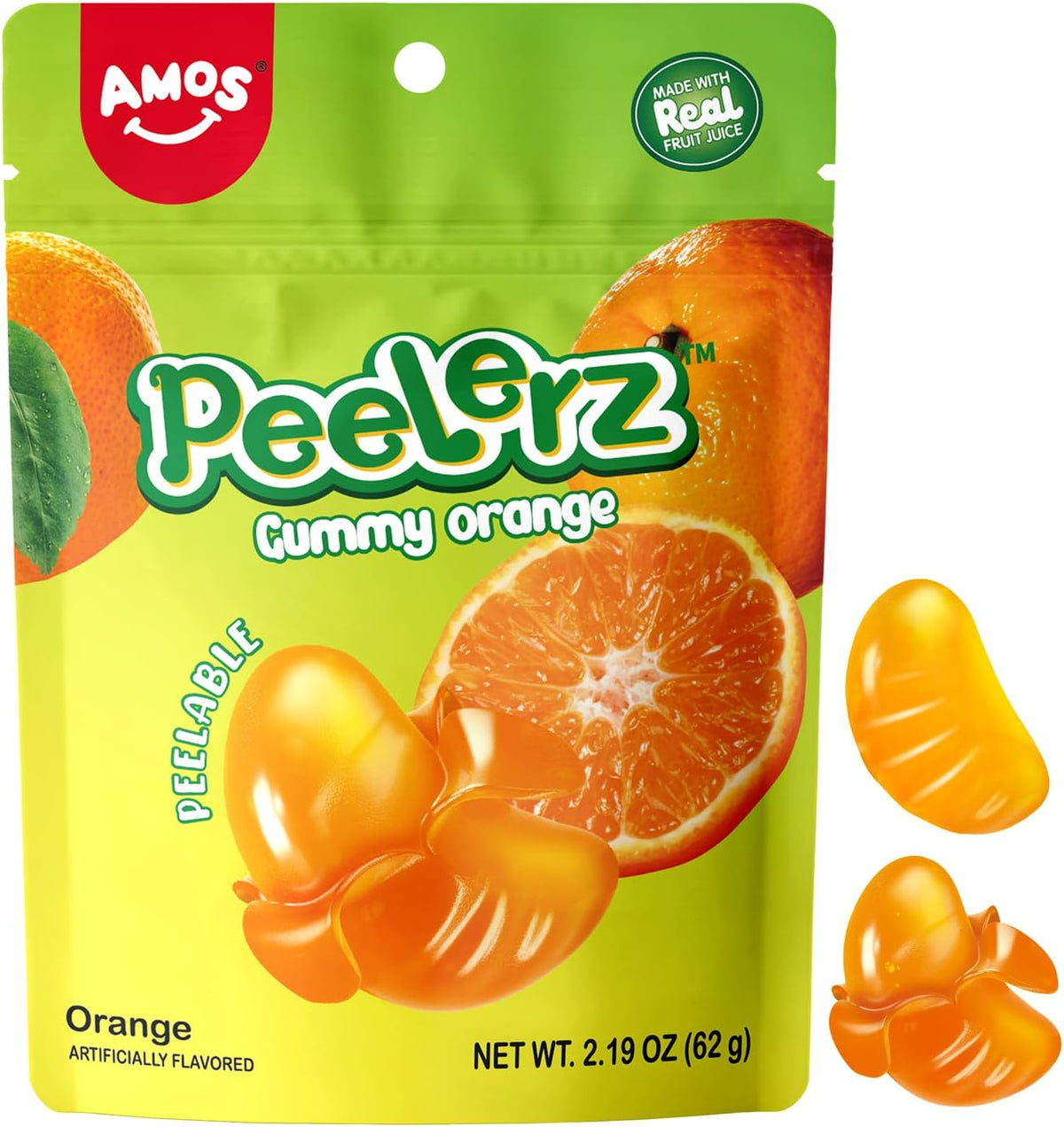 Amos Caramelos de Naranja Gomosos Pelables 4D, Gomitas de Peelerz, Bocadillos de Frutas, Bolsa Resellable D