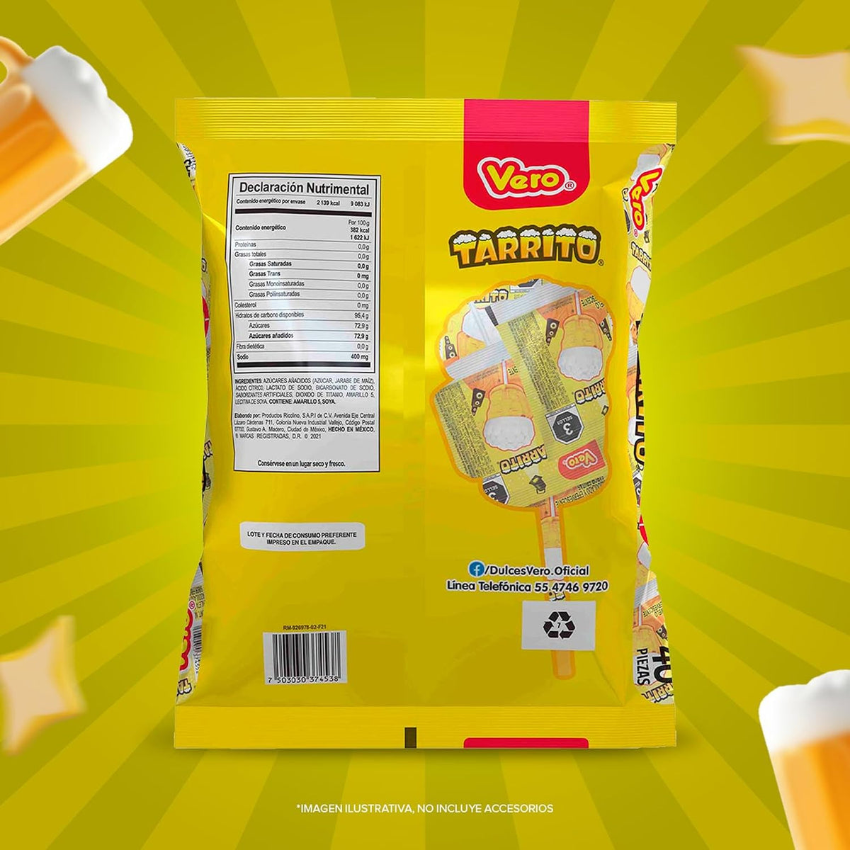 Paleta Tarrito de caramelo Acidulado y Efervescente sabor frutas, Bolsa 40pz de 14g c/u