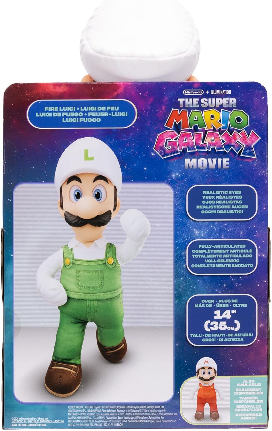 Jakks Pacific Super Mario Galaxy Movie Peluche Fire Luigi Articulable 15 Pulgadas con Ojos Acrílicos, Edición Coleccionable, +3 Años
