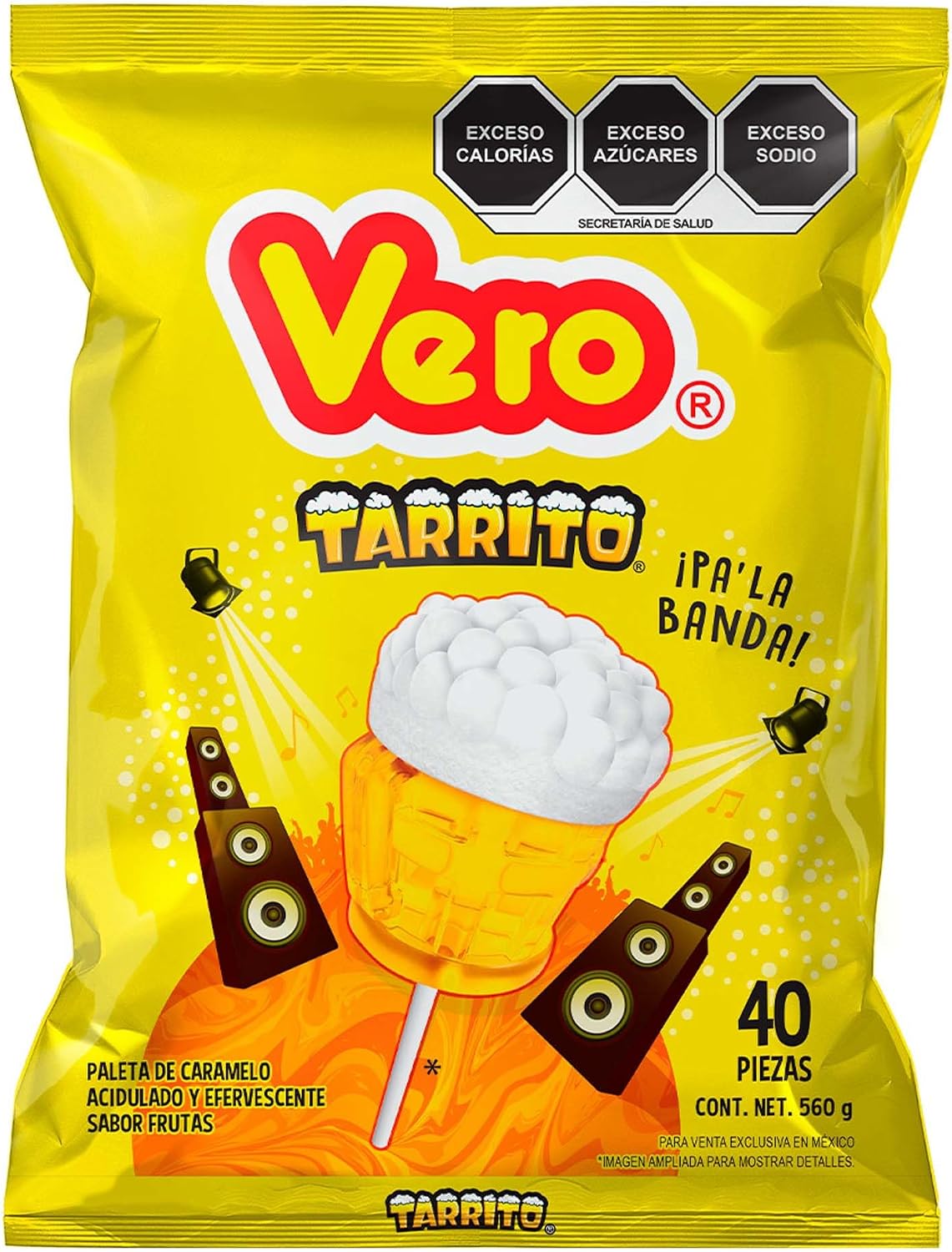 Paleta Tarrito de caramelo Acidulado y Efervescente sabor frutas, Bolsa 40pz de 14g c/u
