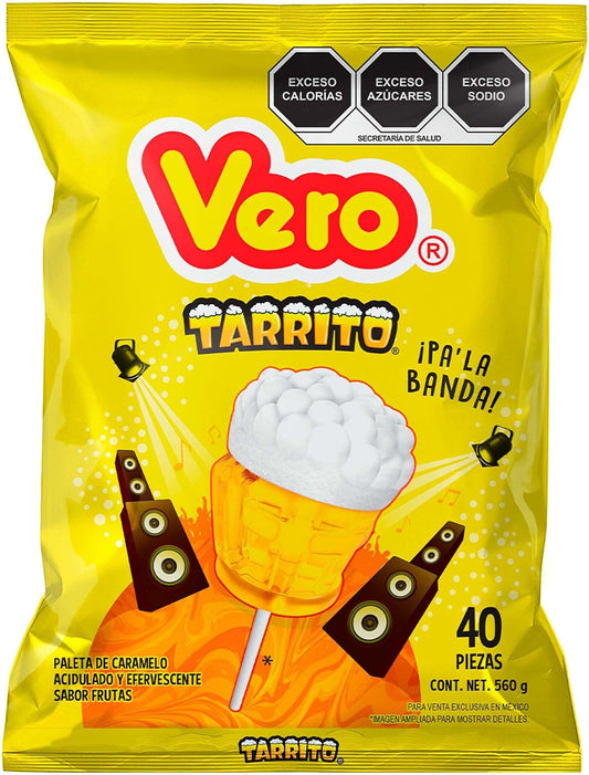 Paleta Tarrito de caramelo Acidulado y Efervescente sabor frutas, Bolsa 40pz de 14g c/u