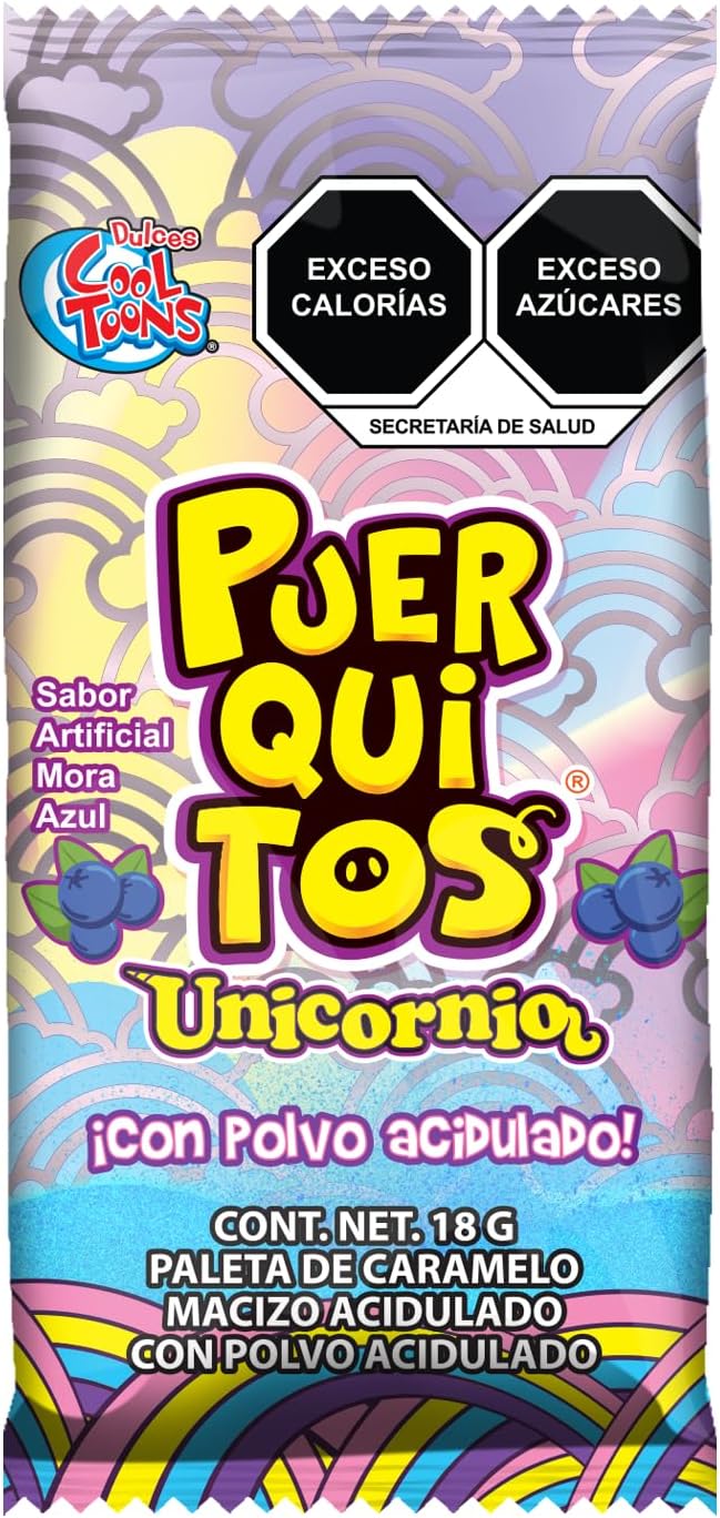 Dulces Cool Toons- Paleta Puerquitos Unicornio Paquete 2 cajas (15 Paletas 18grs - c/caja). Sabor Mora Azul con Polvo dulce. Paleta de Caramelo Macizo con forma de cara de Puerquito).