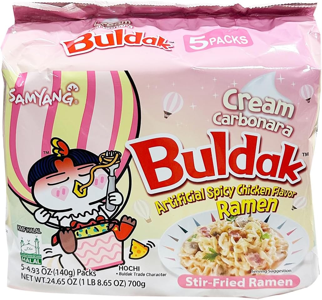 Samyang Fideos Ramen con Sabor a Pollo Picante Buldak, Paquete Instantáneo de Salteados Coreanos, Crema Carbon 4,93 Onzas (paquete de 5)