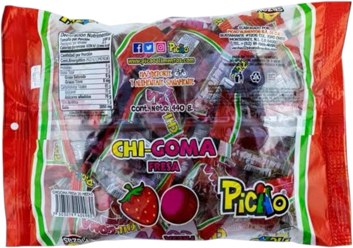 Picao Chi-Goma Fresa - Gomita sabor fresa cubierta con dulce sabor tamarindo - 20 piezas - 440 g