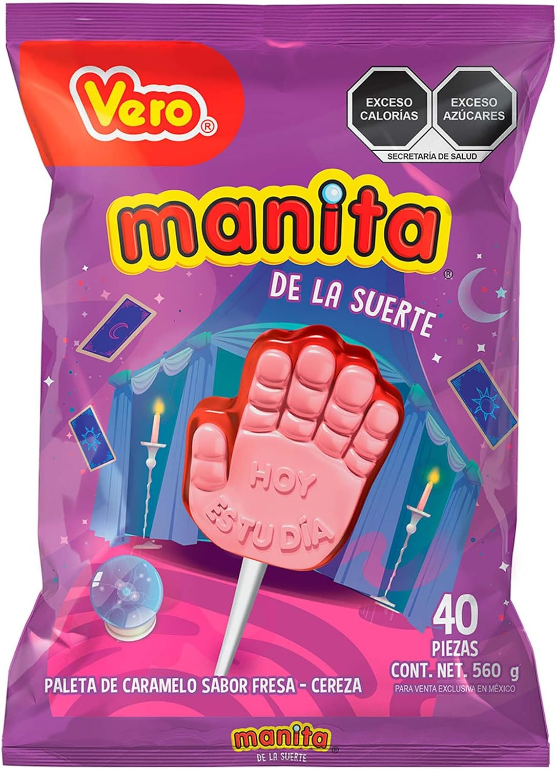 Ricolino Paleta Manita De Caramelo Sabor Fresa-Cereza, Bolsa 40 Pz De 14 G, Color Rosa