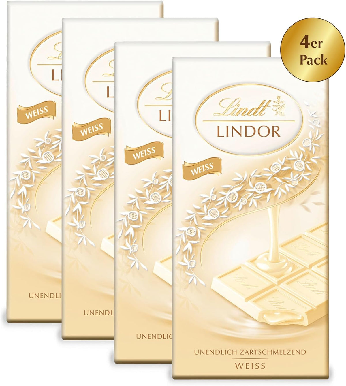 Lindt Lindor Chocolate Blanco, Pack de 4 Tabletas