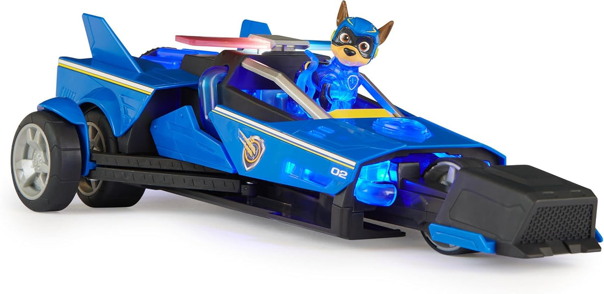 Paw Patrol: La Superpelícula, Vehículo de Lujo con Figura de acción de Chase de los Mighty Pups, Luces y Sonidos