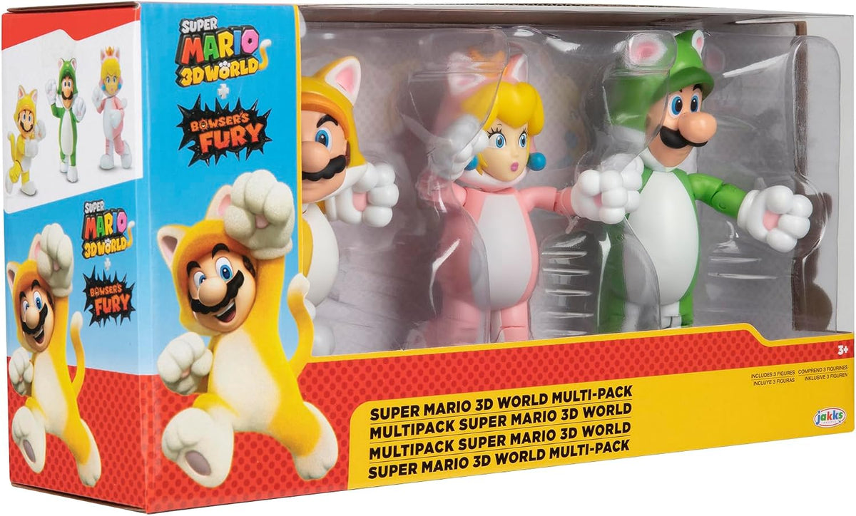 Jakks Pacific Set de Figuras Super Mario 3D World, Cat Mario, Cat Luigi y Cat Peach 4"