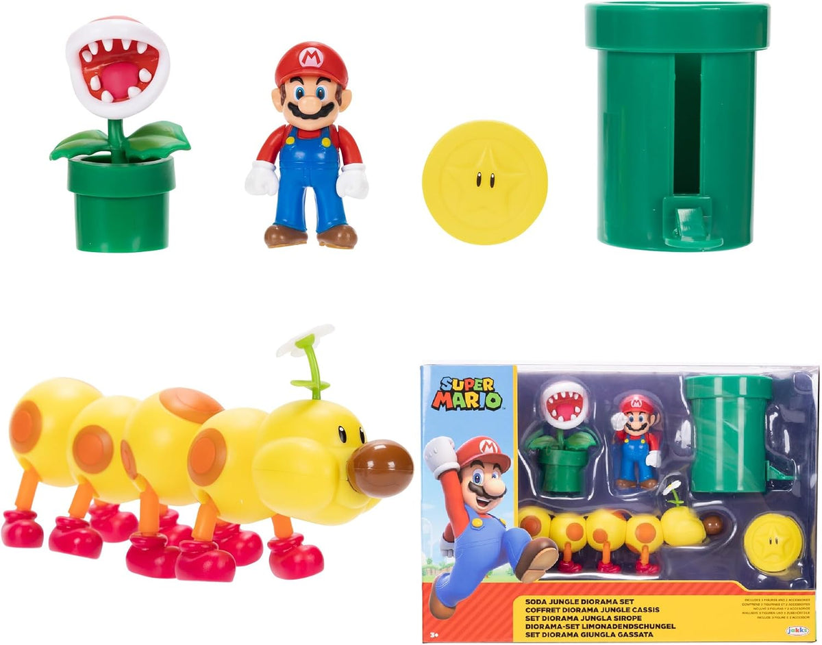 Nintendo Super Mario Soda Jungle Diorama Incluye 3 Cifras y 2 Accesorios: 2.5 Pulgadas Mario, Wiggler, Planta Piraña, Tubo de urdimbre, Moneda. A Partir de 3 años (Licencia Oficial)