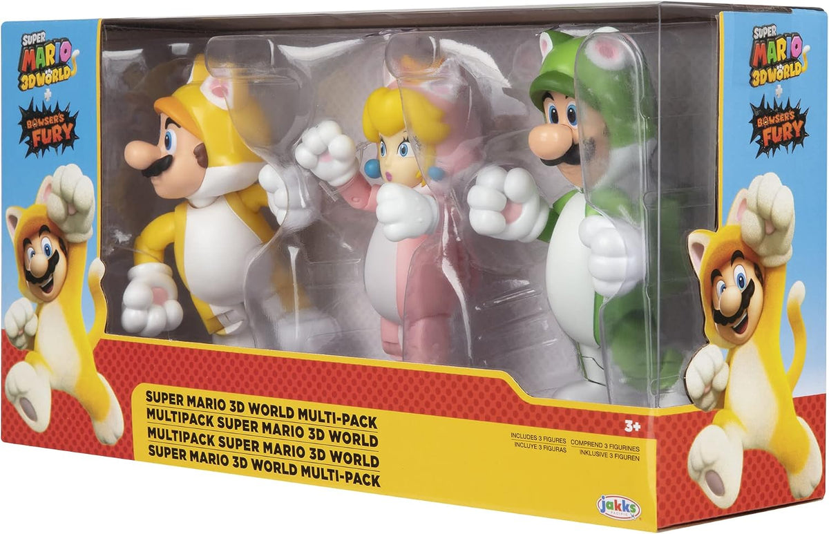Jakks Pacific Set de Figuras Super Mario 3D World, Cat Mario, Cat Luigi y Cat Peach 4"