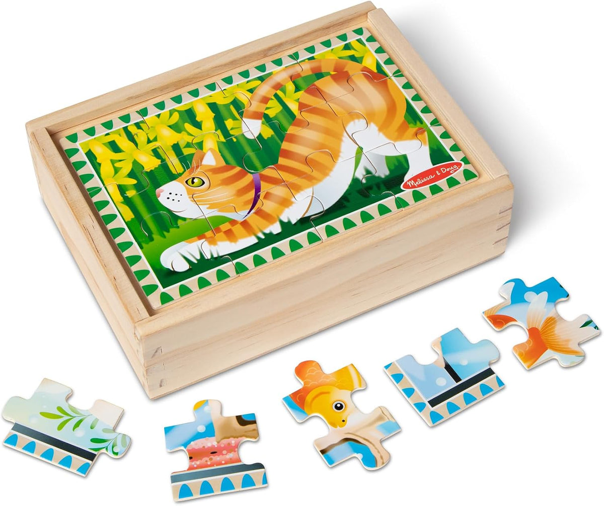 Melissa & Doug Rompecabezas de Mascotas en una Caja, Cuatro Rompecabezas, Juguete de Madera, Resistente Caja de Madera para Almacenamiento (48 Piezas) - FSC-Certified