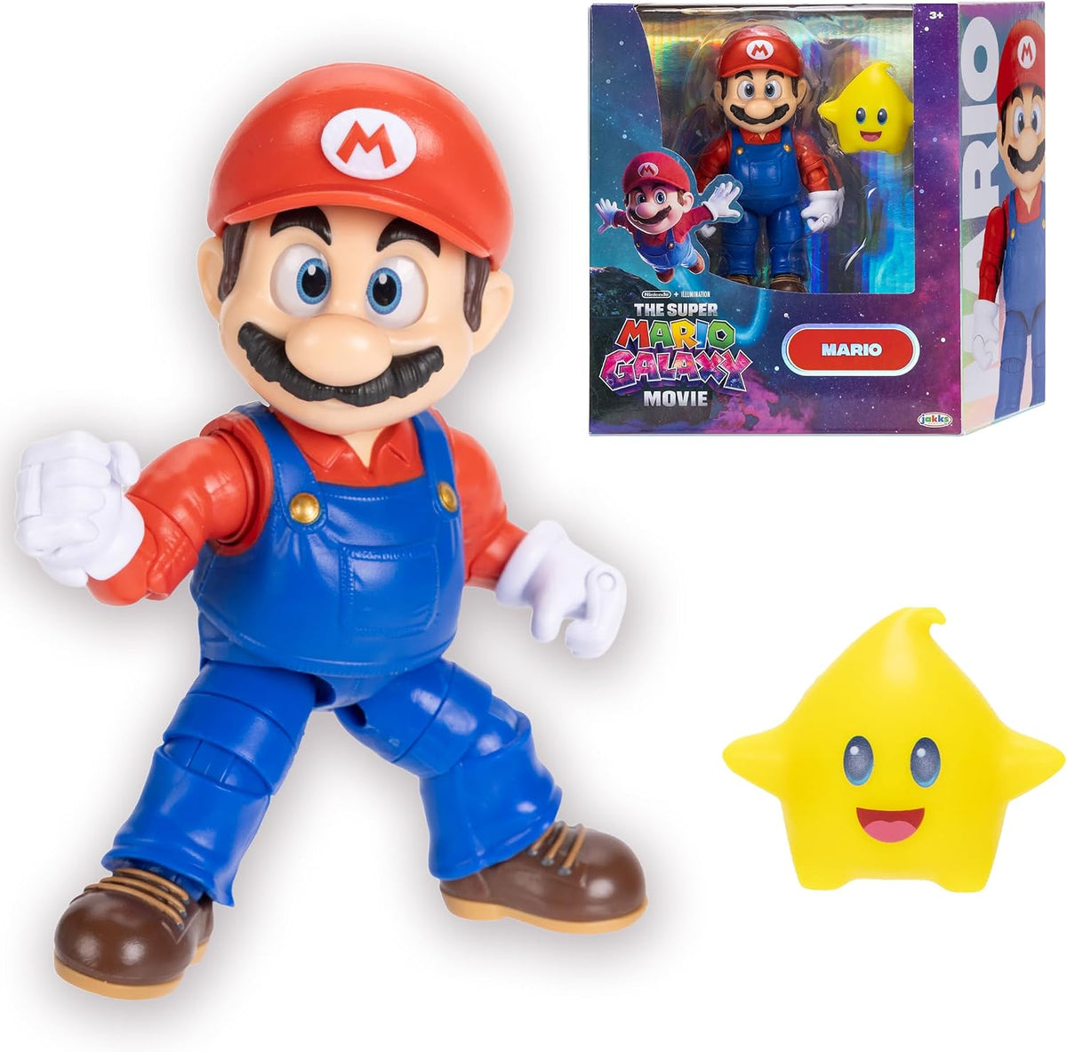 Jakks Pacific Super Mario Galaxy Movie Figura Mario 5 Pulgadas con Estrella Luma Que Brilla en la Oscuridad, 22 Puntos de Articulación, Ojos Acrílicos, Coleccionable, +3 Años