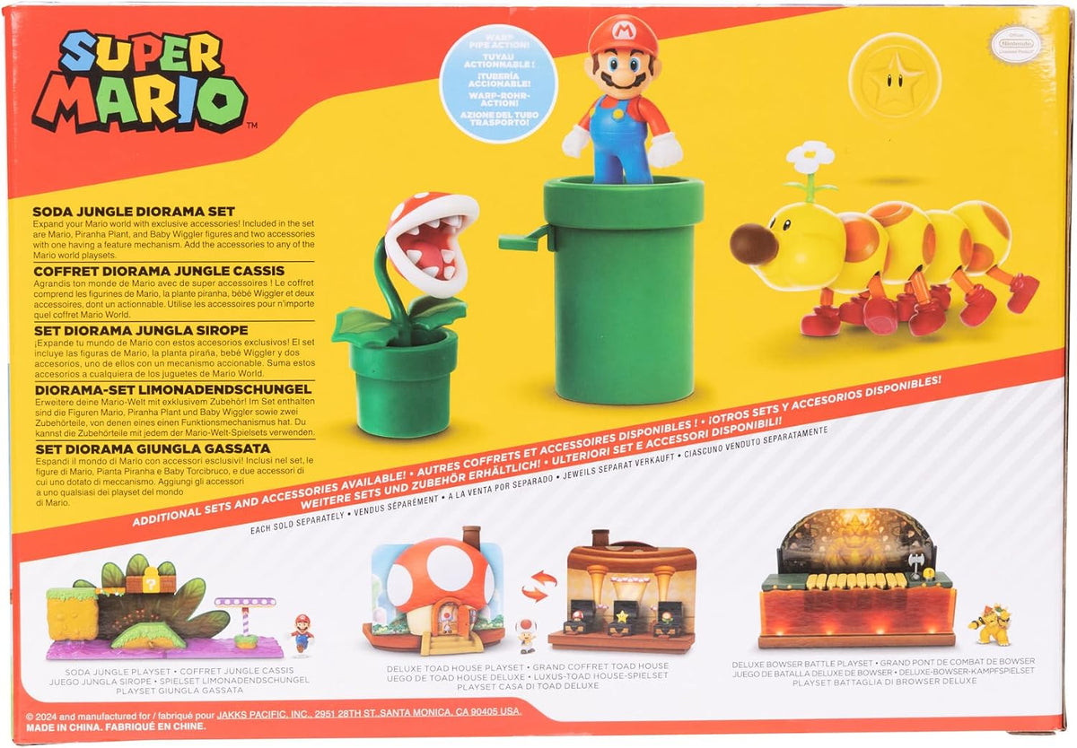 Nintendo Super Mario Soda Jungle Diorama Incluye 3 Cifras y 2 Accesorios: 2.5 Pulgadas Mario, Wiggler, Planta Piraña, Tubo de urdimbre, Moneda. A Partir de 3 años (Licencia Oficial)