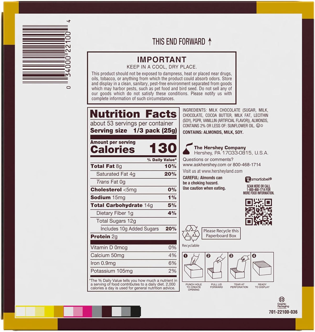 HERSHEY'S Chocolate Candy Bars with Almonds, King Size (Pack of 18)