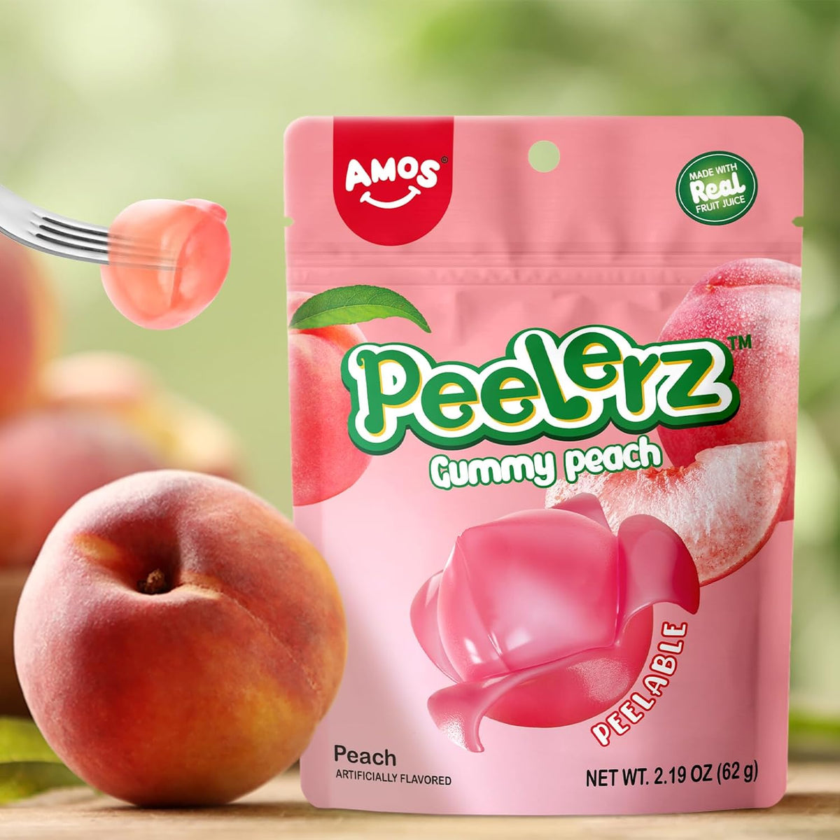 Amos Caramelos de goma Peelerz de durazno, bocadillos de fruta pelables, bolsa resellable de 56 g (paquete de 3)