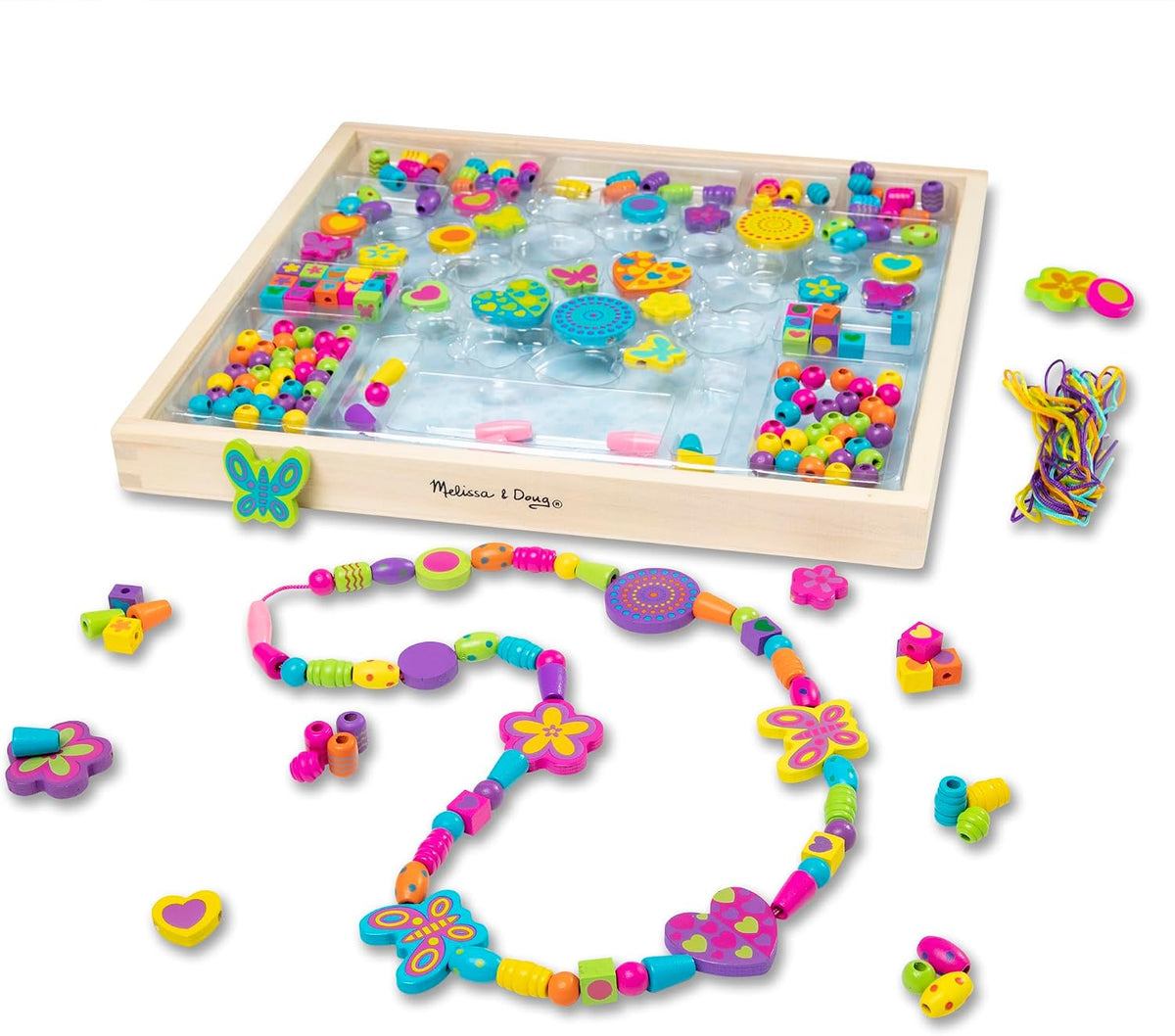 Melissa & Doug Juego Deluxe de Bouquet de Cuentas, Juguete de Madera, Artes y Manualidades, Práctica Bandeja de Madera, 220 Cuentas y 8 Cordones